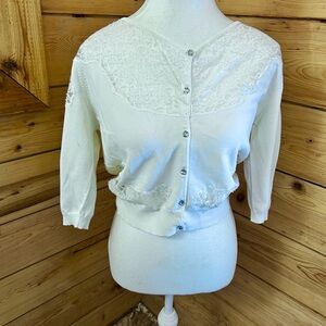 Vintage White Lace Button-Up Cardigan Coquette Ballet Retro Modest Sparkle Mediu